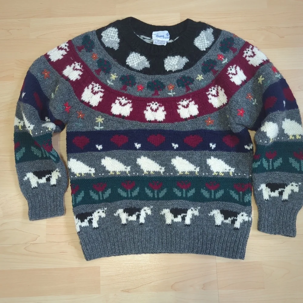 Vintage Deans of Scotland Shetland Wool Sweater Farm Animals Sheep Cows Hearts - Picture 1 of 9